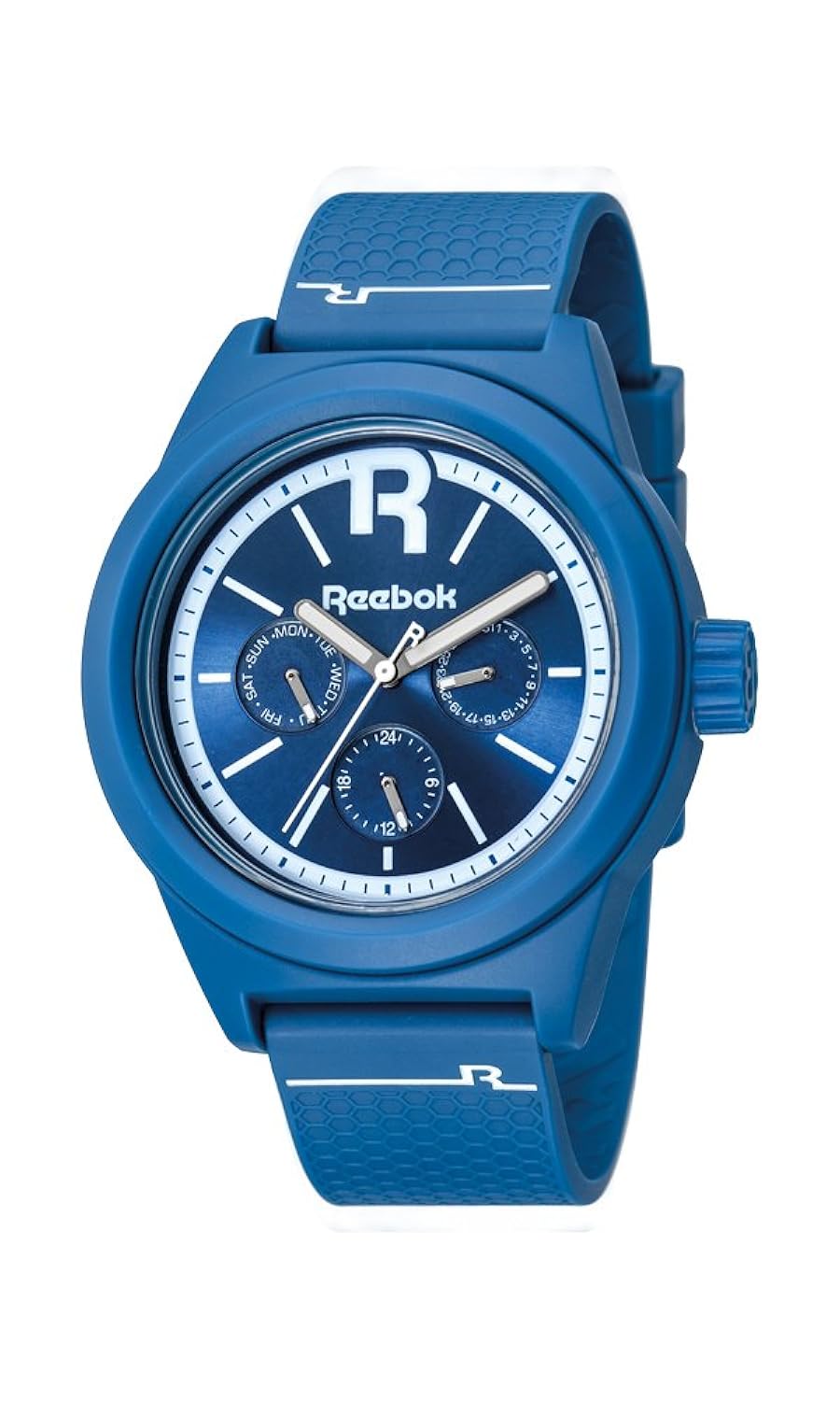 reebok 经典 r 男式石英手表蓝色表盘 analogue 显示和蓝色硅胶表带